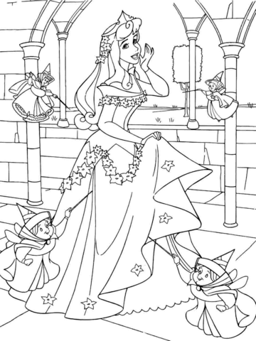 Princess Aurora With Good Fairies Coloring Page